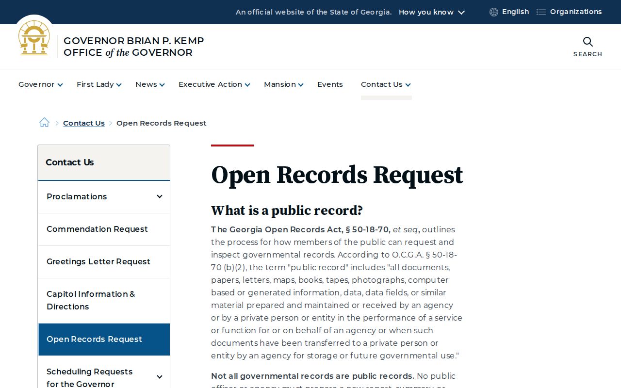 Georgia public records request form for the Governor's Office